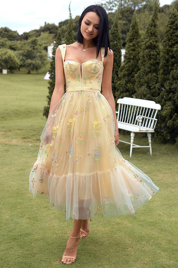 Yellow Floral Ankle-Length Ball Dress with Embroidery
